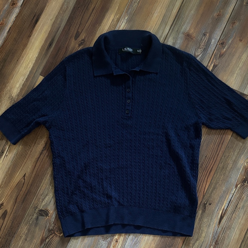 Lauren Ralph Lauren Black Lapel Navy Polo Knit Shirt XL